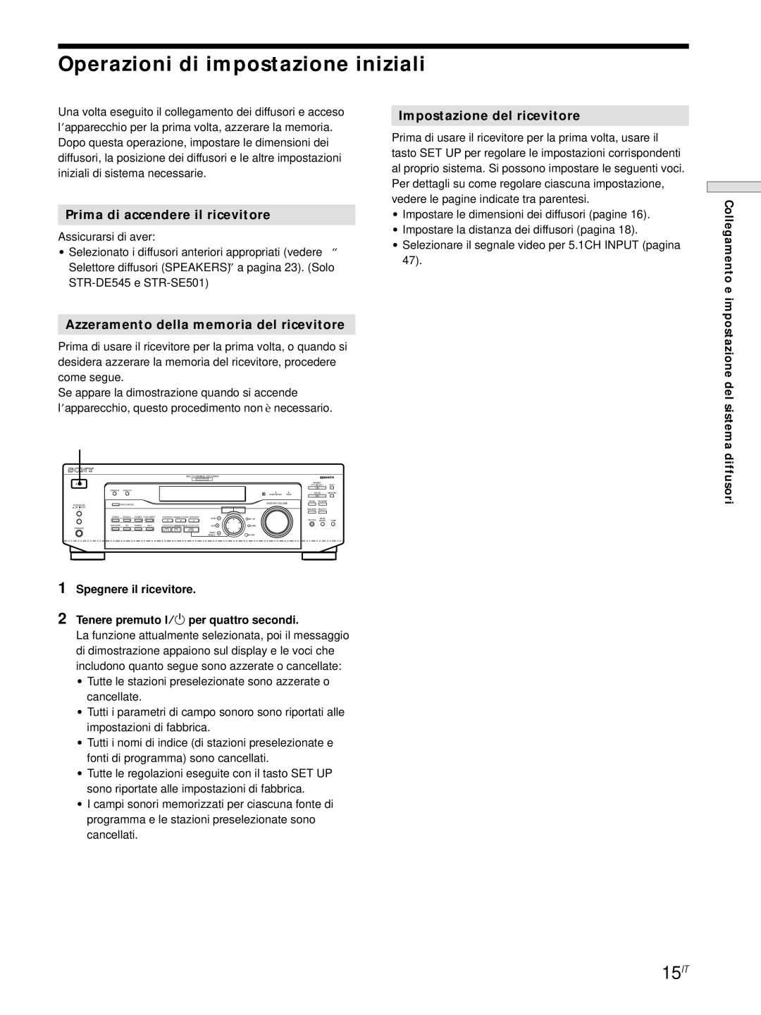 Sony STR-DE545 Operazioni di impostazione iniziali, 15IT, Prima di accendere il ricevitore, Impostazione del ricevitore 