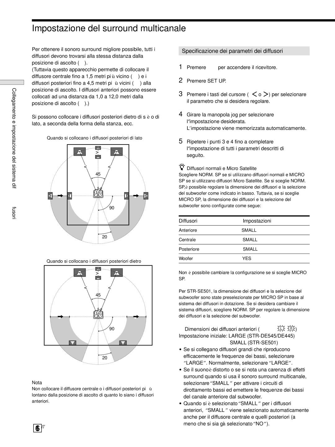 Sony STR-DE445, STR-SE501 manual Impostazione del surround multicanale, 16IT, Specificazione dei parametri dei diffusori 