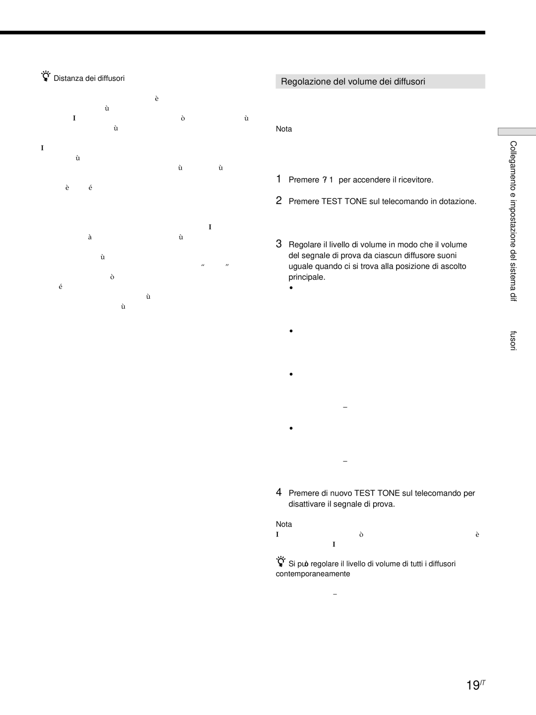 Sony STR-DE445, STR-SE501, STR-DE545 manual 19IT, Regolazione del volume dei diffusori, Distanza dei diffusori 