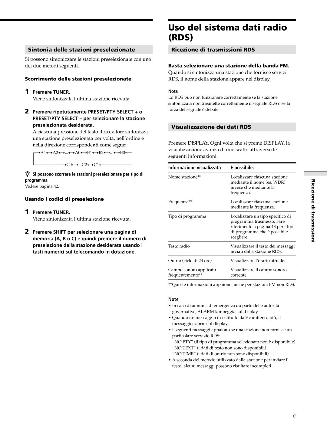 Sony STR-SE501 Uso del sistema dati radio RDS, 41IT, Sintonia delle stazioni preselezionate, Ricezione di trasmissioni RDS 