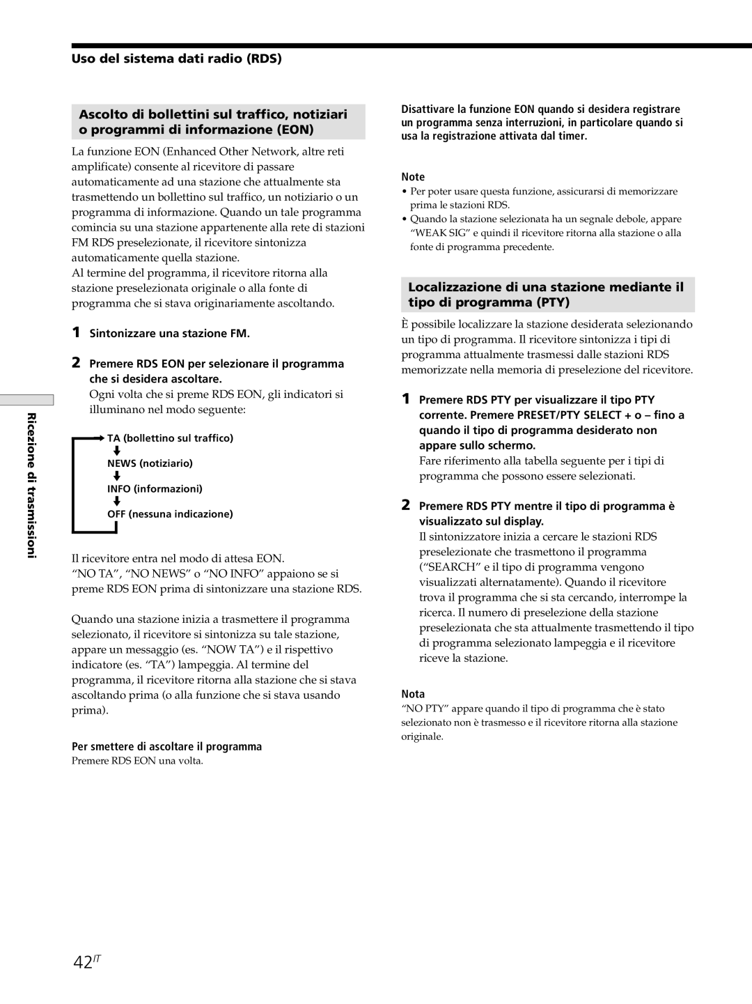 Sony STR-DE545, STR-SE501, STR-DE445 manual 42IT, Per smettere di ascoltare il programma 