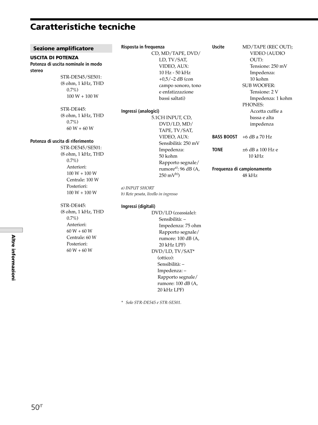 Sony STR-SE501, STR-DE545, STR-DE445 manual Caratteristiche tecniche, 50IT, Sezione amplificatore 