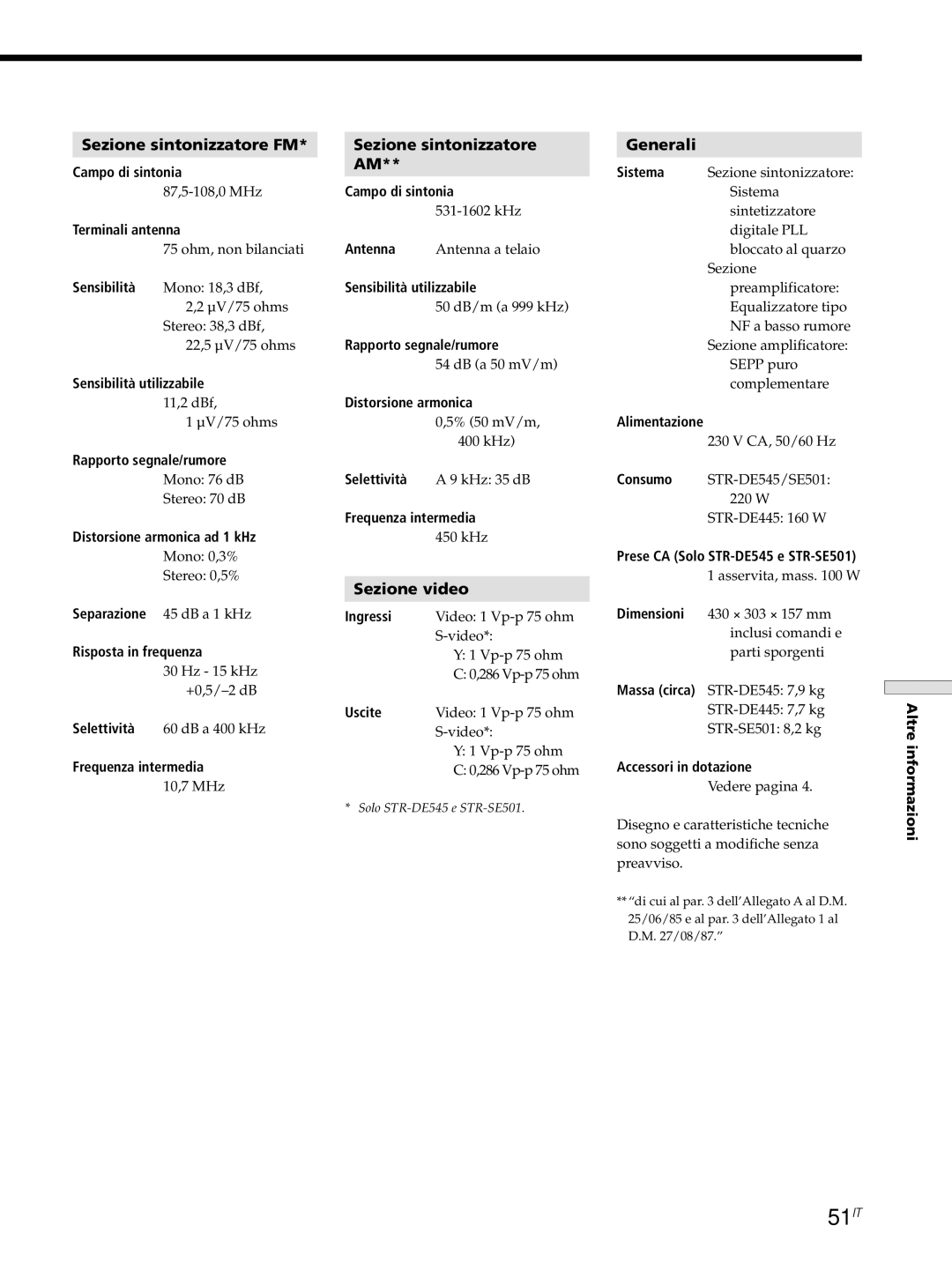Sony STR-DE545, STR-SE501, STR-DE445 manual 51IT, Sezione sintonizzatore FM, Sezione video, Generali 