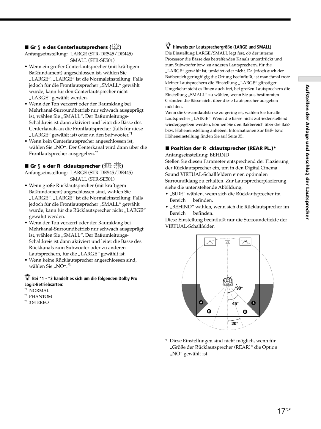 Sony STR-DE445, STR-SE501, STR-DE545 manual 17DE, Größe des Centerlautsprechers C, Größe der Rücklautsprecher LS RS 