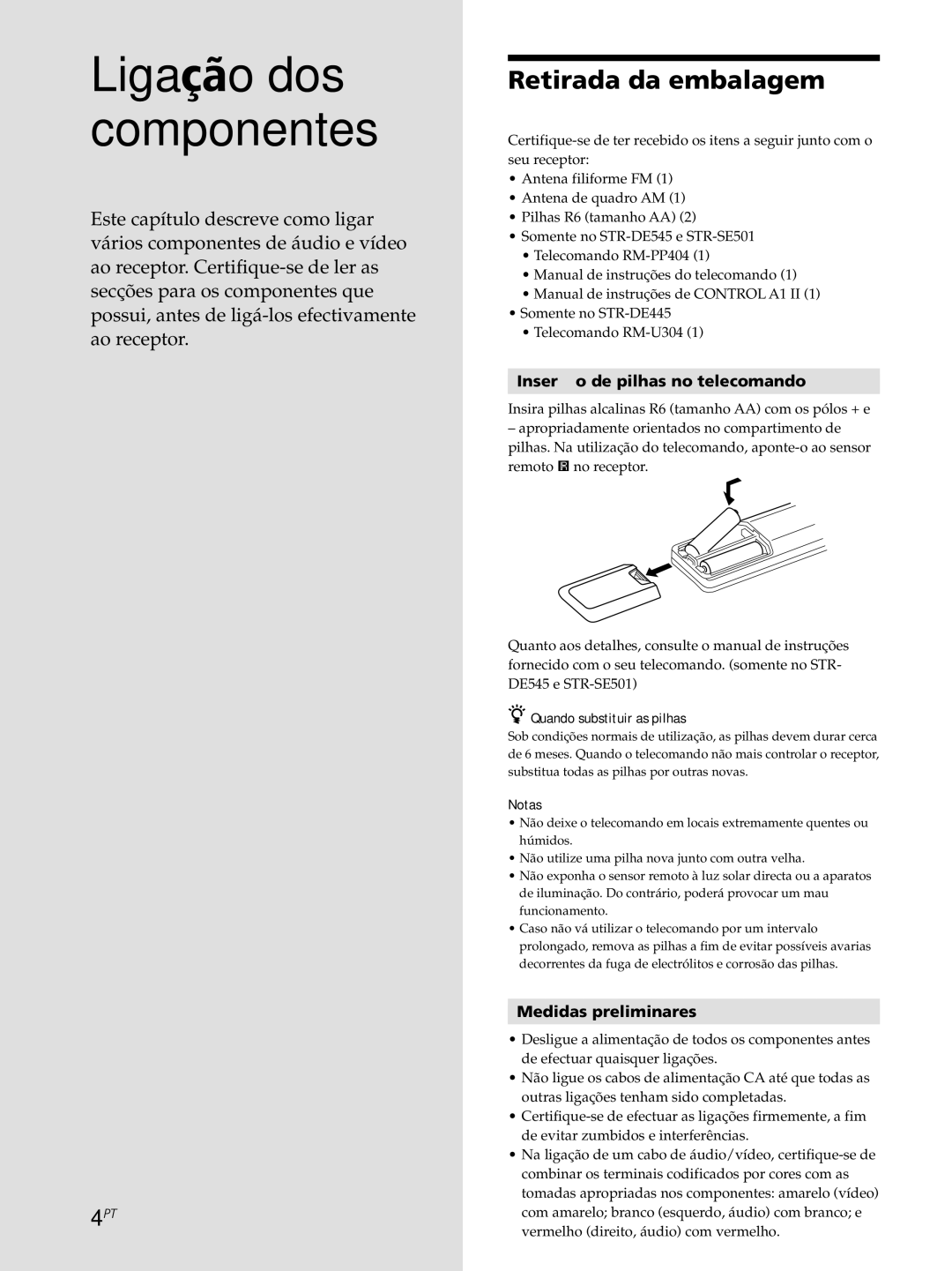 Sony STR-DE545 Retirada da embalagem, Inserção de pilhas no telecomando, Medidas preliminares, Quando substituir as pilhas 