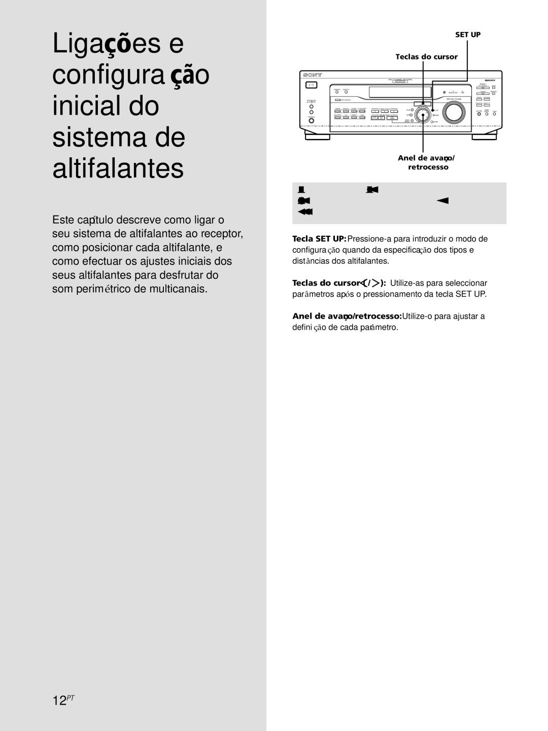 Sony STR-SE501 manual 12PT, Anel de avanço/retrocesso Utilize-o para ajustar a, Teclas do cursor, Anel de avanço Retrocesso 