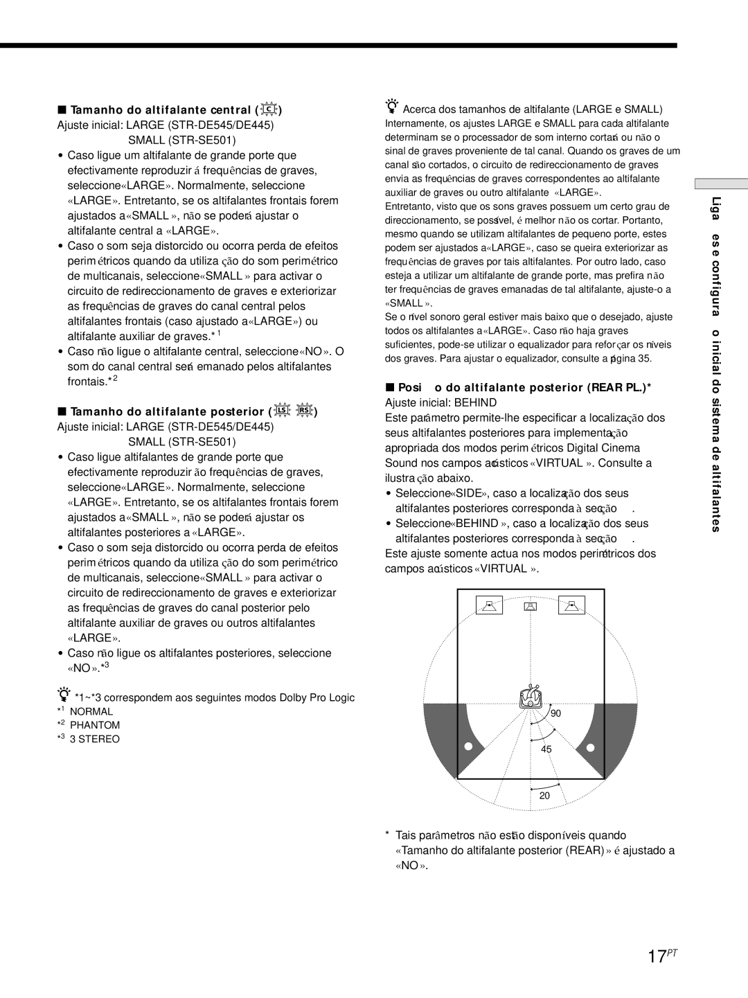 Sony STR-DE445, STR-SE501, STR-DE545 manual 17PT, Tamanho do altifalante central C, Tamanho do altifalante posterior LS RS 