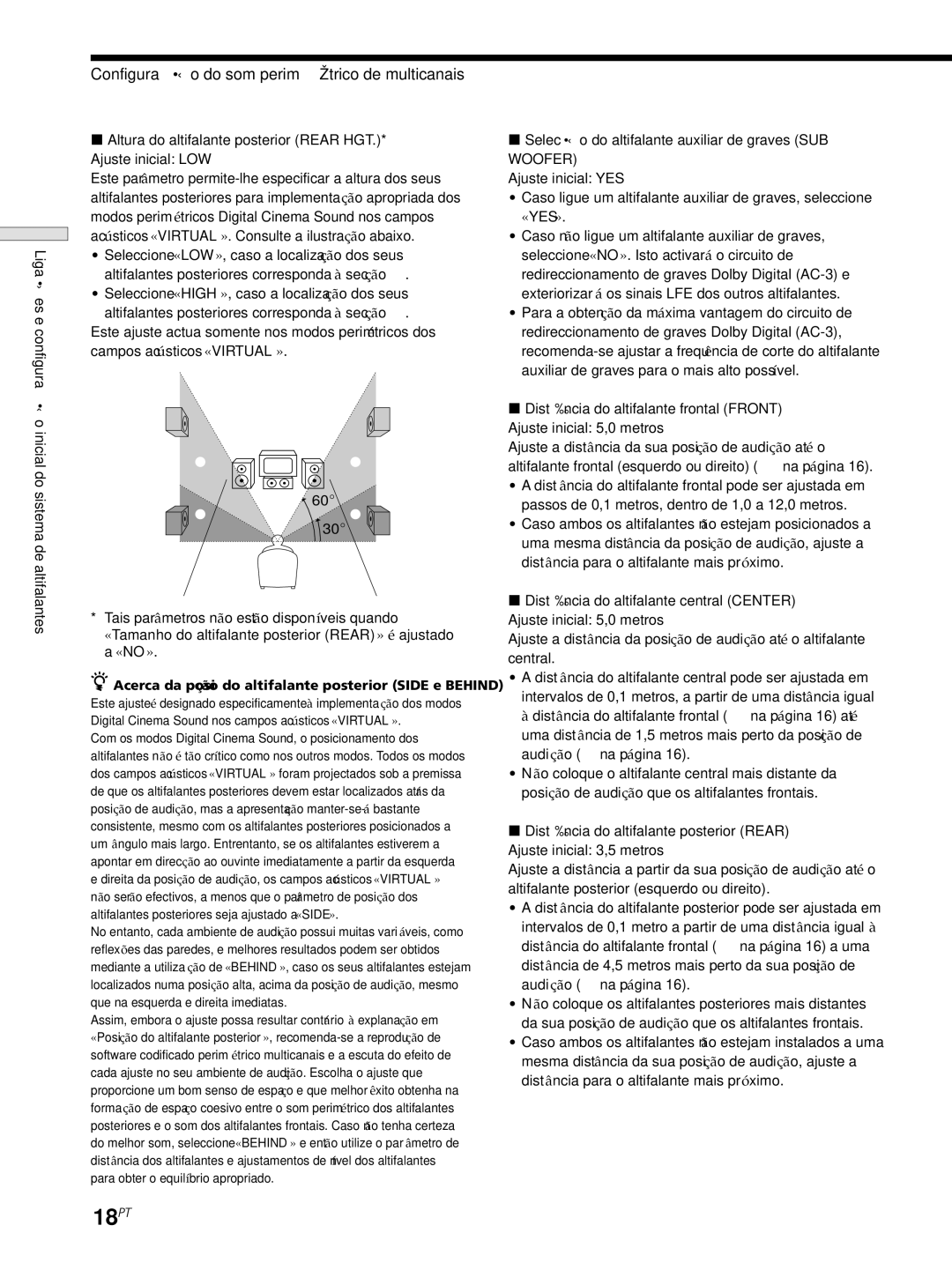 Sony STR-SE501, STR-DE545, STR-DE445 manual 18PT, Configuração do som perimétrico de multicanais 