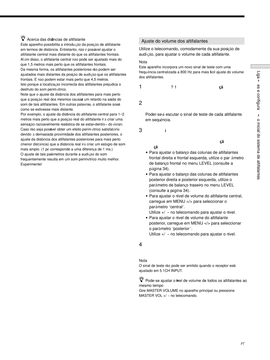 Sony STR-DE545, STR-SE501, STR-DE445 manual 19PT, Ajuste do volume dos altifalantes, Acerca das distâncias de altifalante 