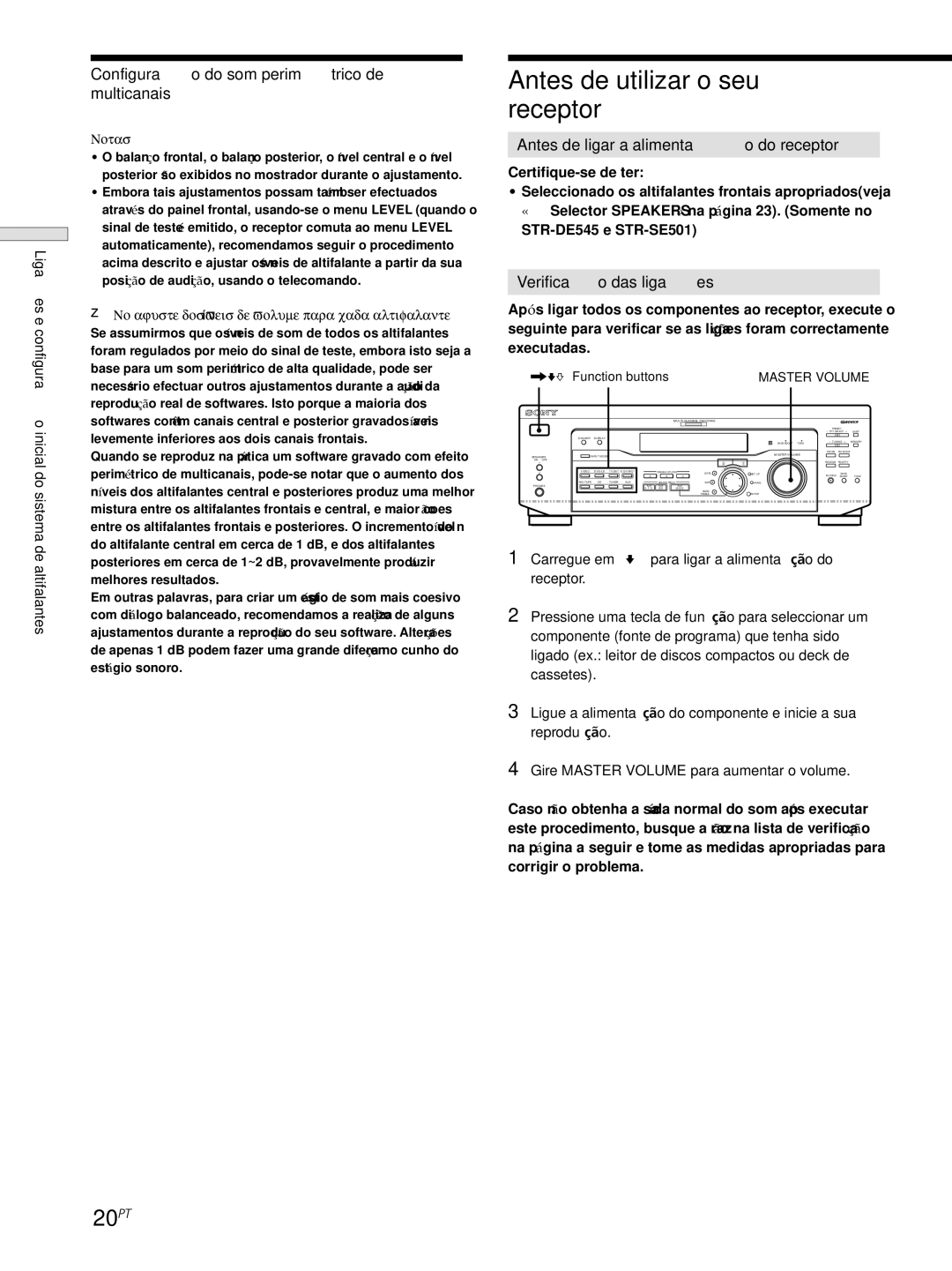 Sony STR-DE445, STR-SE501, STR-DE545 Antes de utilizar o seu receptor, 20PT, Verificação das ligações, Function buttons 