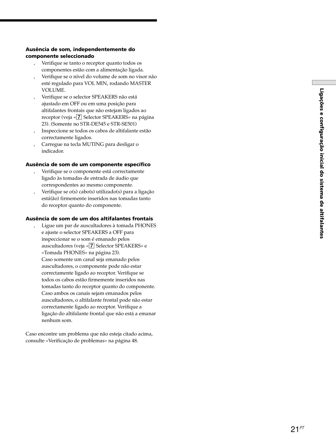 Sony STR-SE501 manual 21PT, Ausência de som de um componente específico, Ausência de som de um dos altifalantes frontais 