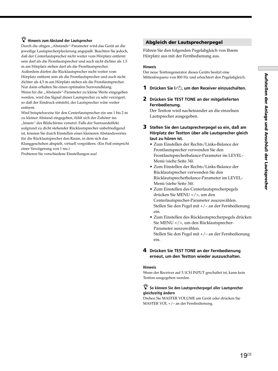 Sony STR-DE545, STR-SE501, STR-DE445 manual 19DE, Abgleich der Lautsprecherpegel, Hinweis zum Abstand der Lautsprecher 