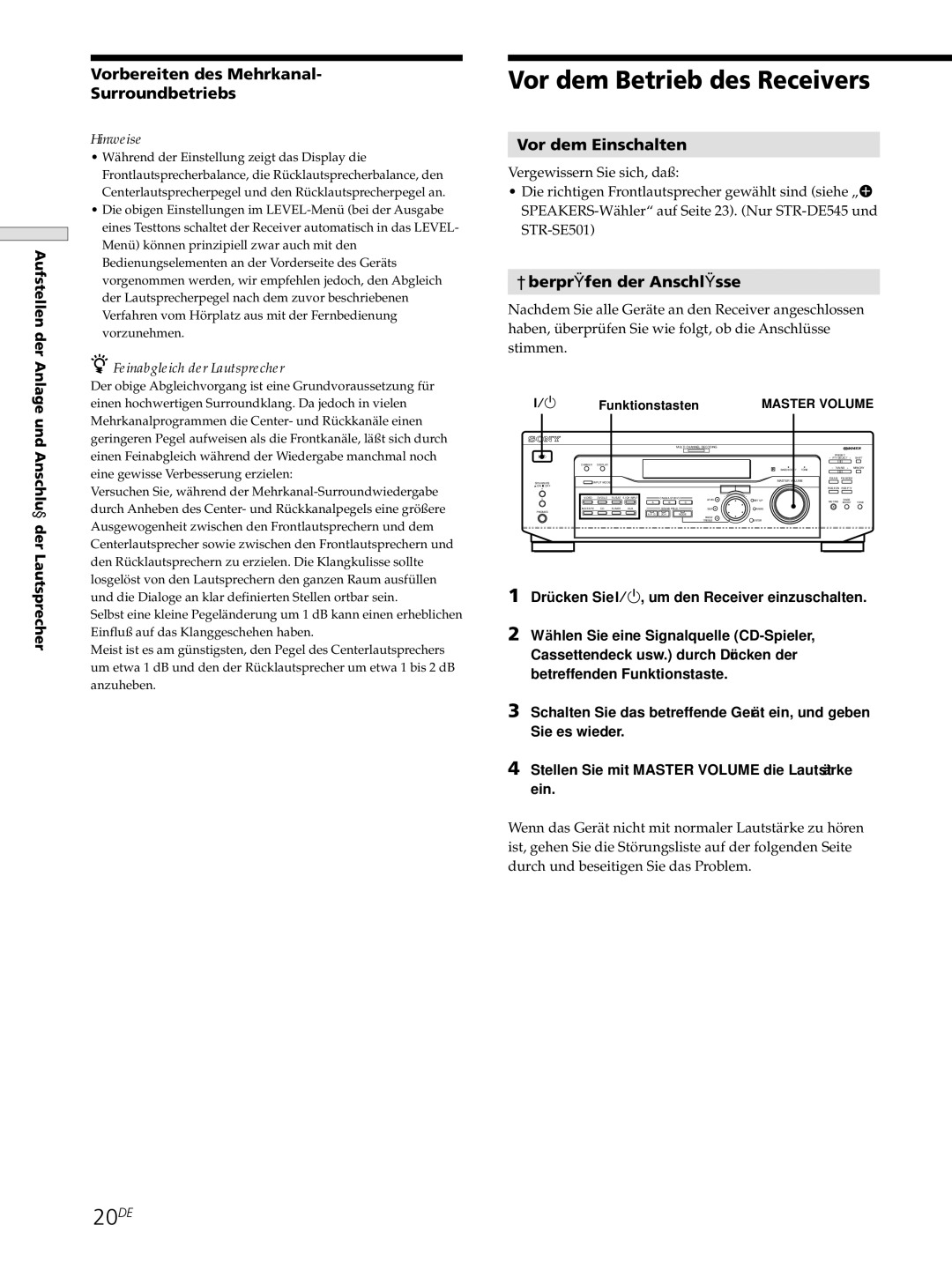 Sony STR-DE445 manual Vor dem Betrieb des Receivers, 20DE, Vorbereiten des Mehrkanal Surroundbetriebs, Vor dem Einschalten 