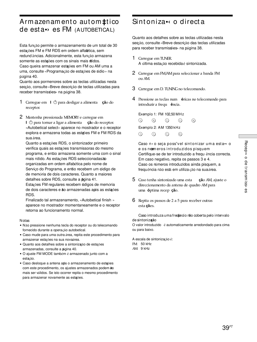 Sony STR-SE501 manual Armazenamento automático De estações FM Autobetical, Sintonização directa, 39PT, Carregue em Tuner 