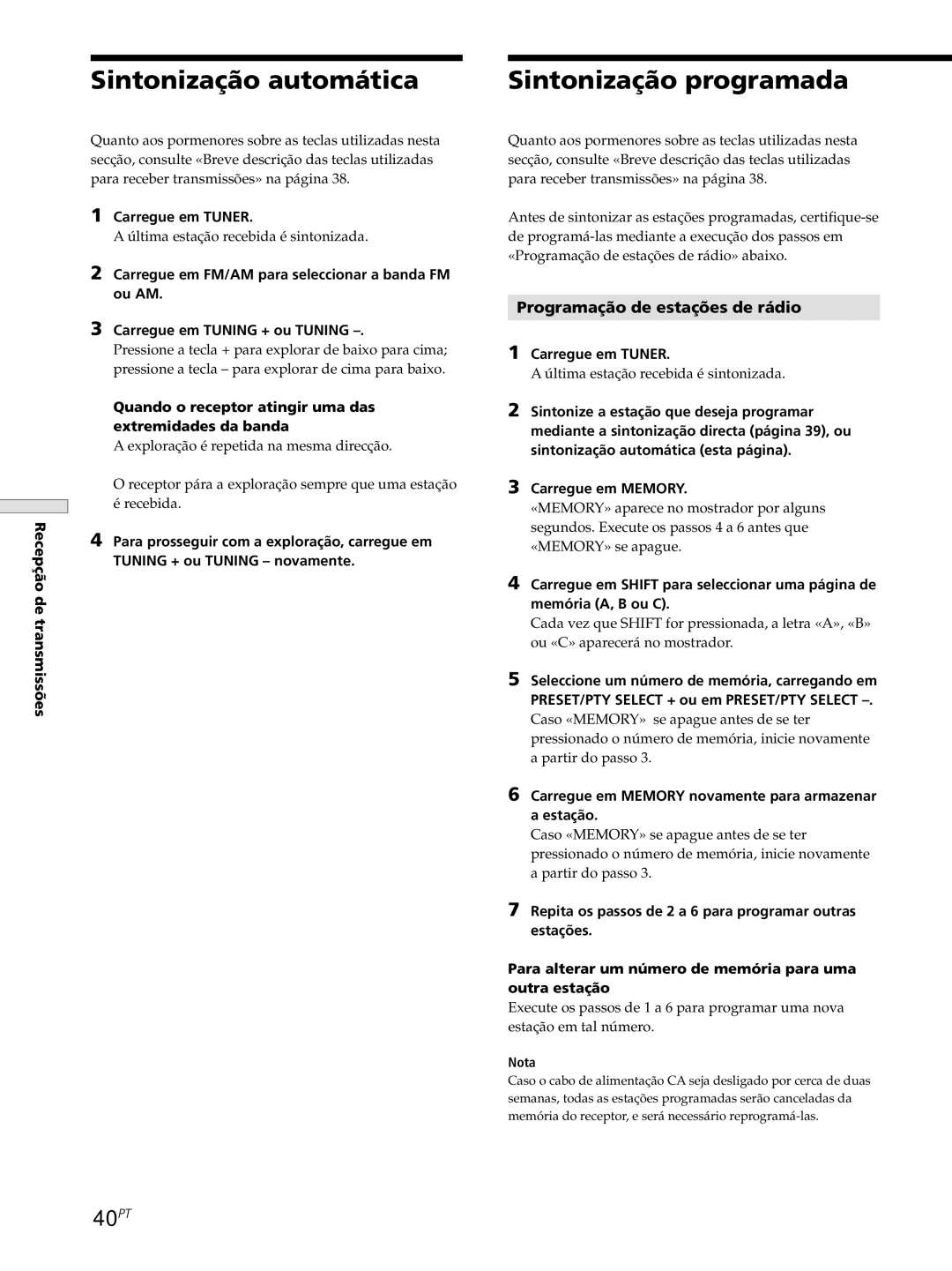 Sony STR-DE545, STR-SE501 manual Sintonização automática, Sintonização programada, 40PT, Programação de estações de rádio 