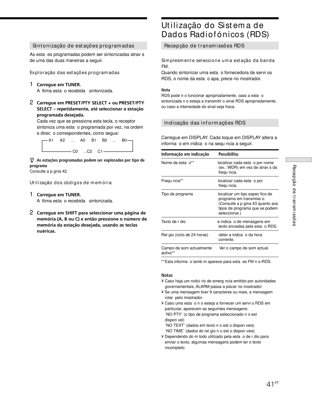 Sony STR-DE445, STR-SE501 manual Utilização do Sistema de Dados Radiofónicos RDS, 41PT, Sintonização de estações programadas 