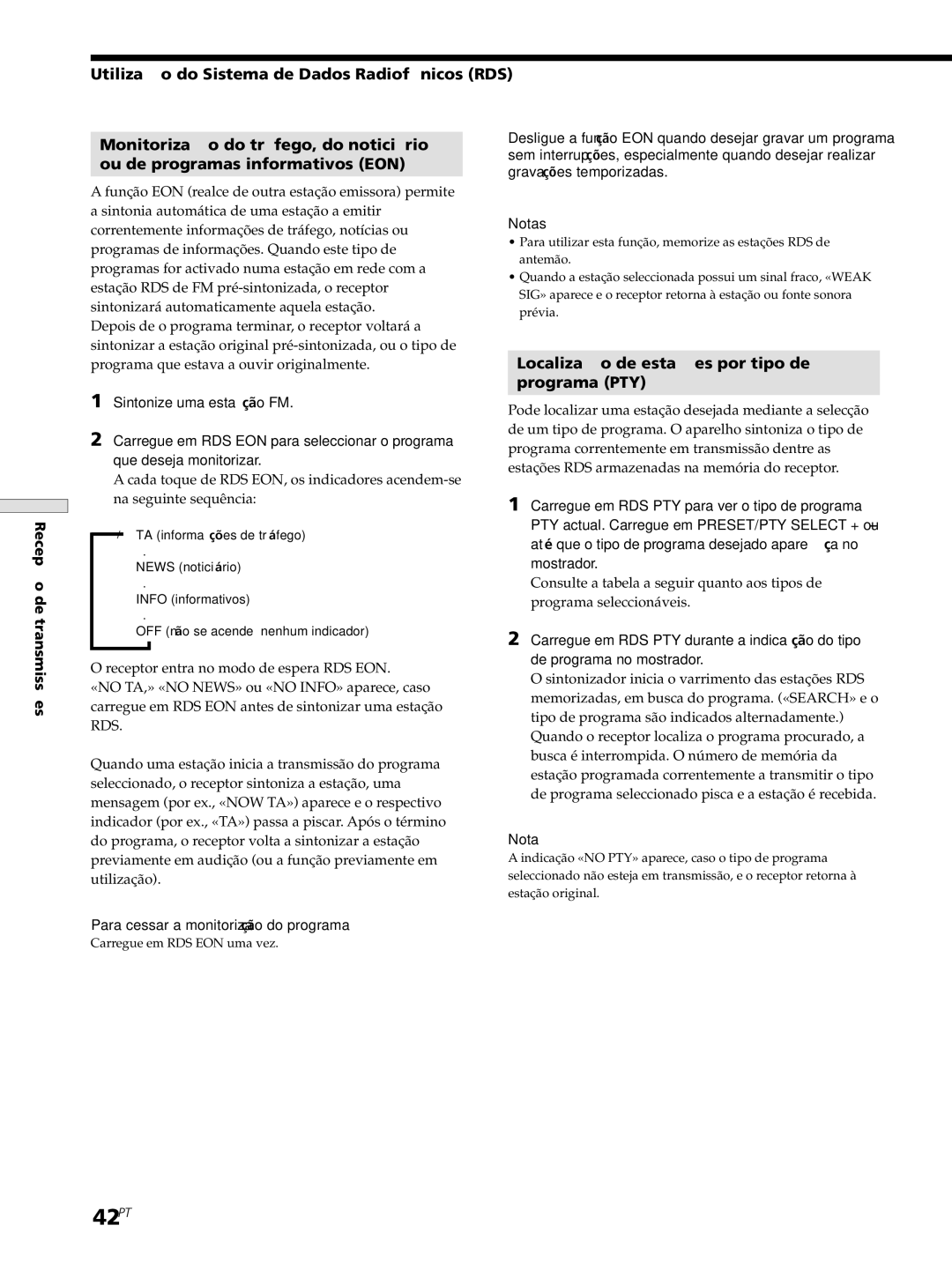 Sony STR-SE501 42PT, Utilização do Sistema de Dados Radiofónicos RDS, Localização de estações por tipo de Programa PTY 