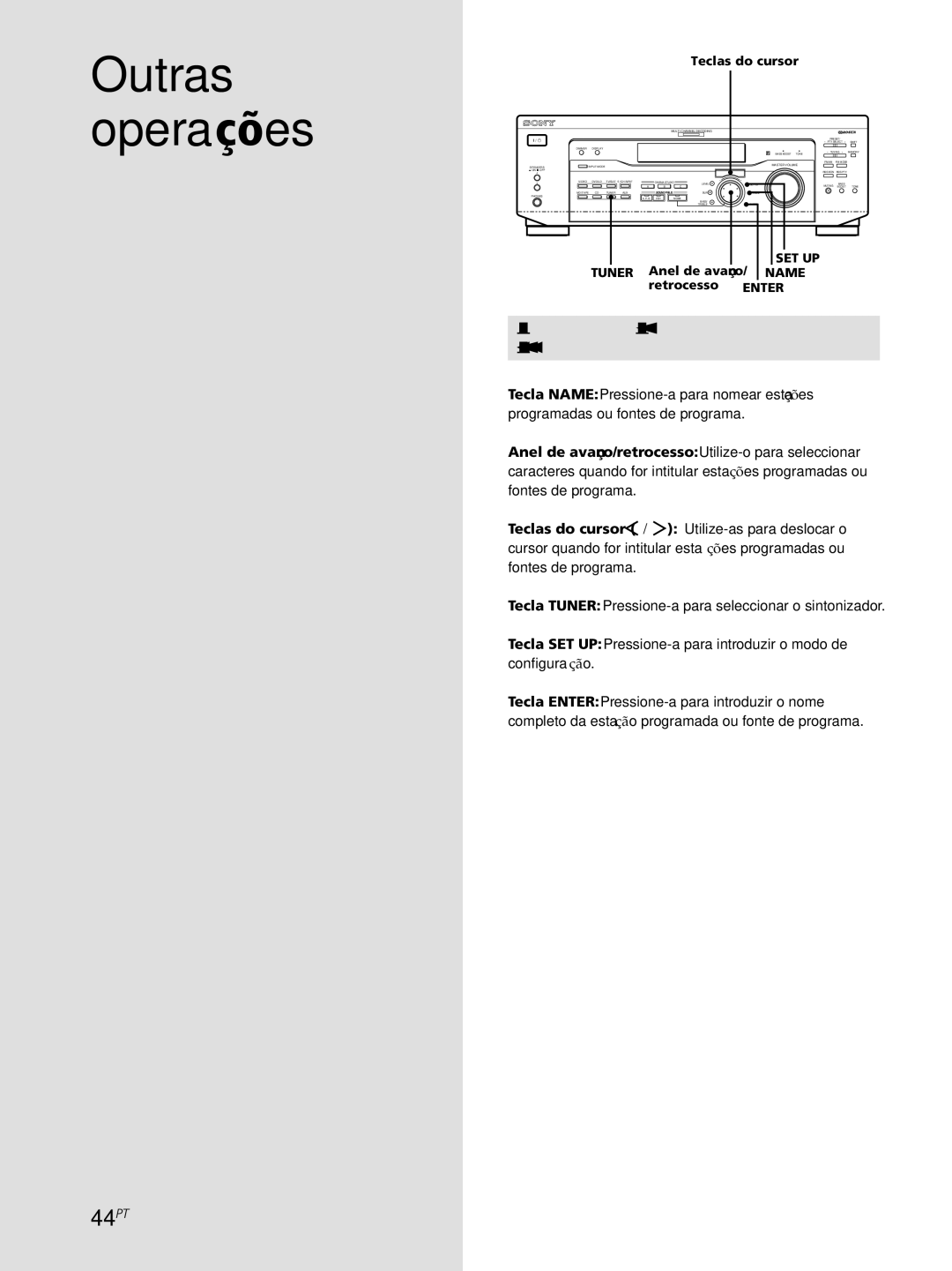 Sony STR-DE445, STR-SE501, STR-DE545 manual 44PT, Tuner Anel de avanço/ Name Retrocesso Enter 