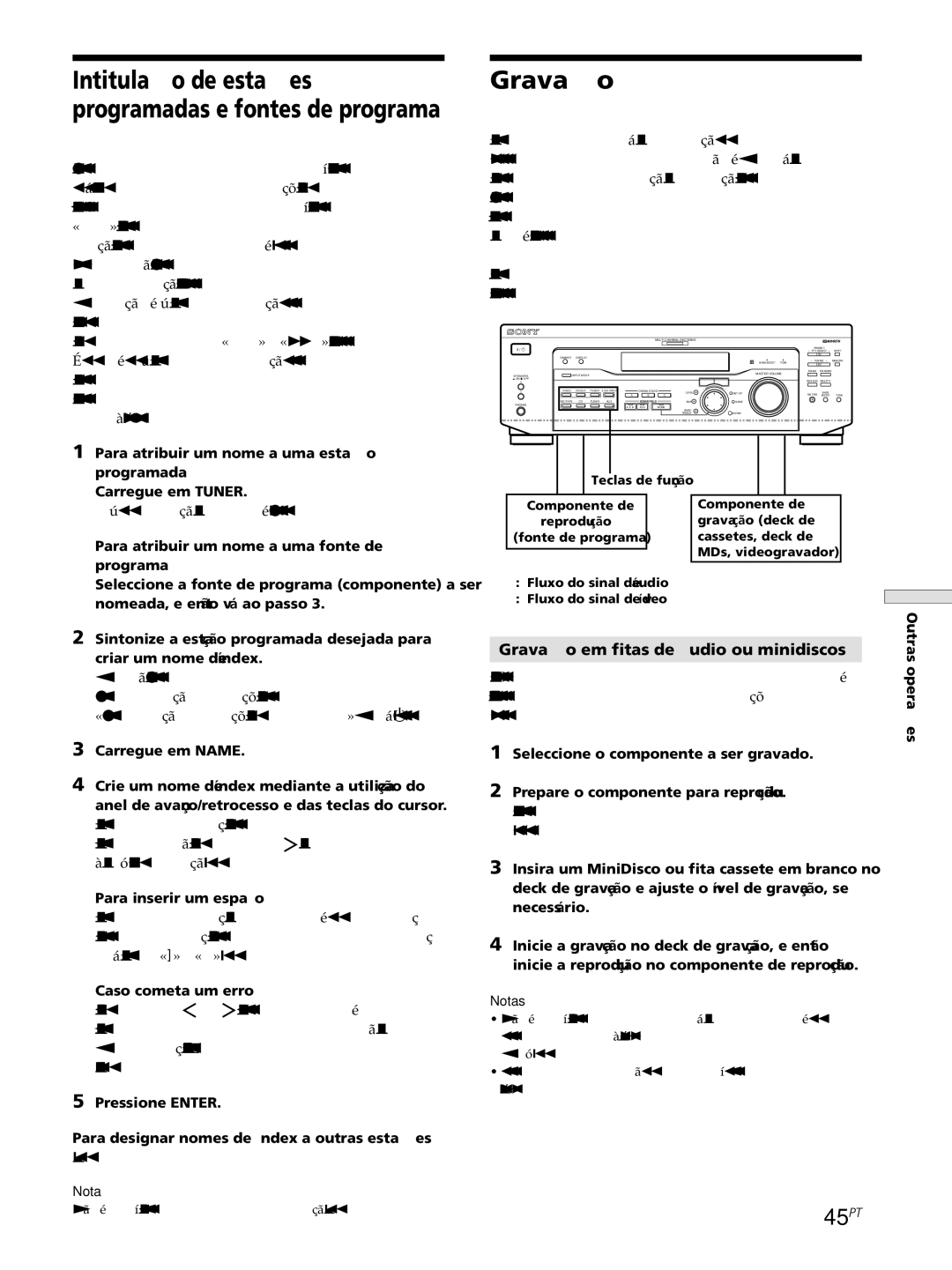 Sony STR-SE501, STR-DE545, STR-DE445 manual 45PT, Gravação em fitas de áudio ou minidiscos, Outras opera ções 