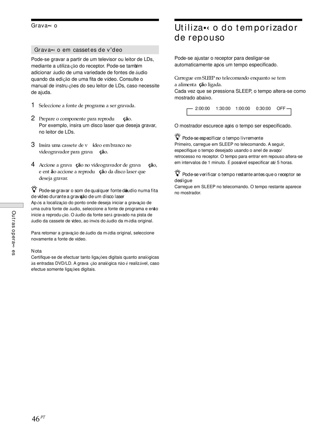 Sony STR-DE545, STR-SE501, STR-DE445 Utilização do temporizador de repouso, 46PT, Gravação Gravação em cassetes de vídeo 