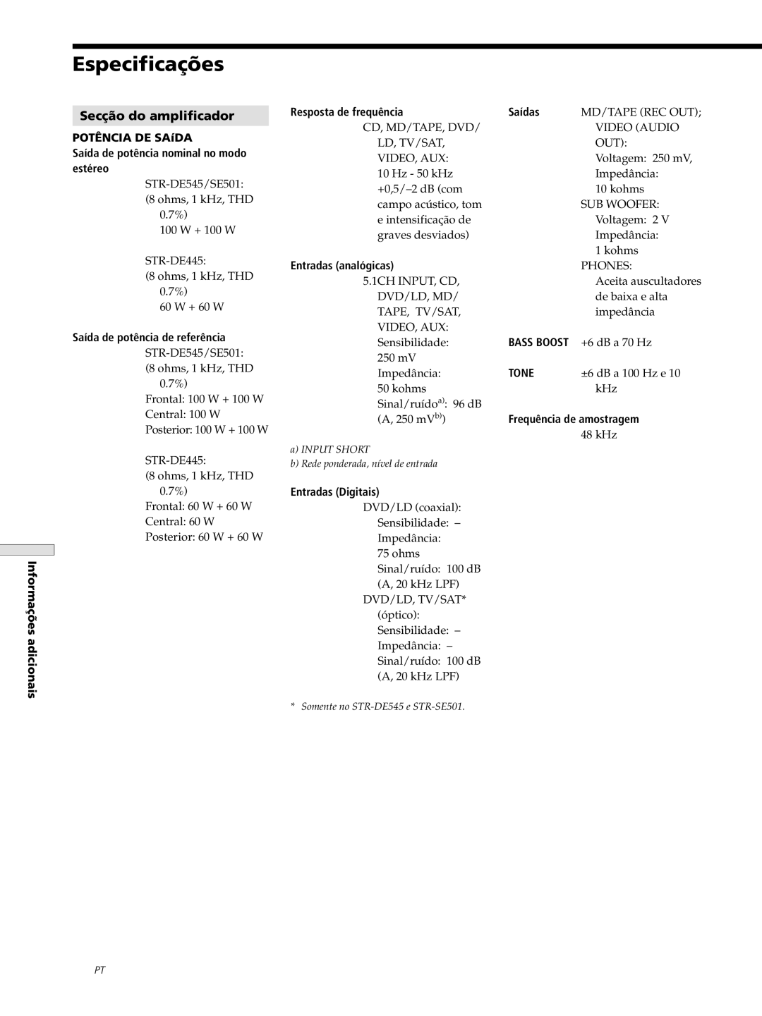 Sony STR-DE445, STR-SE501, STR-DE545 manual Especificações, 50PT, Secção do amplificador 