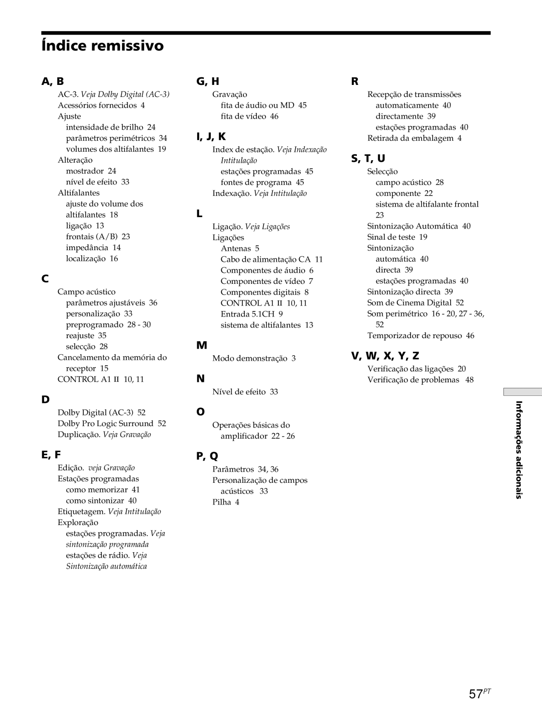 Sony STR-SE501, STR-DE545, STR-DE445 manual Índice remissivo, 57PT 