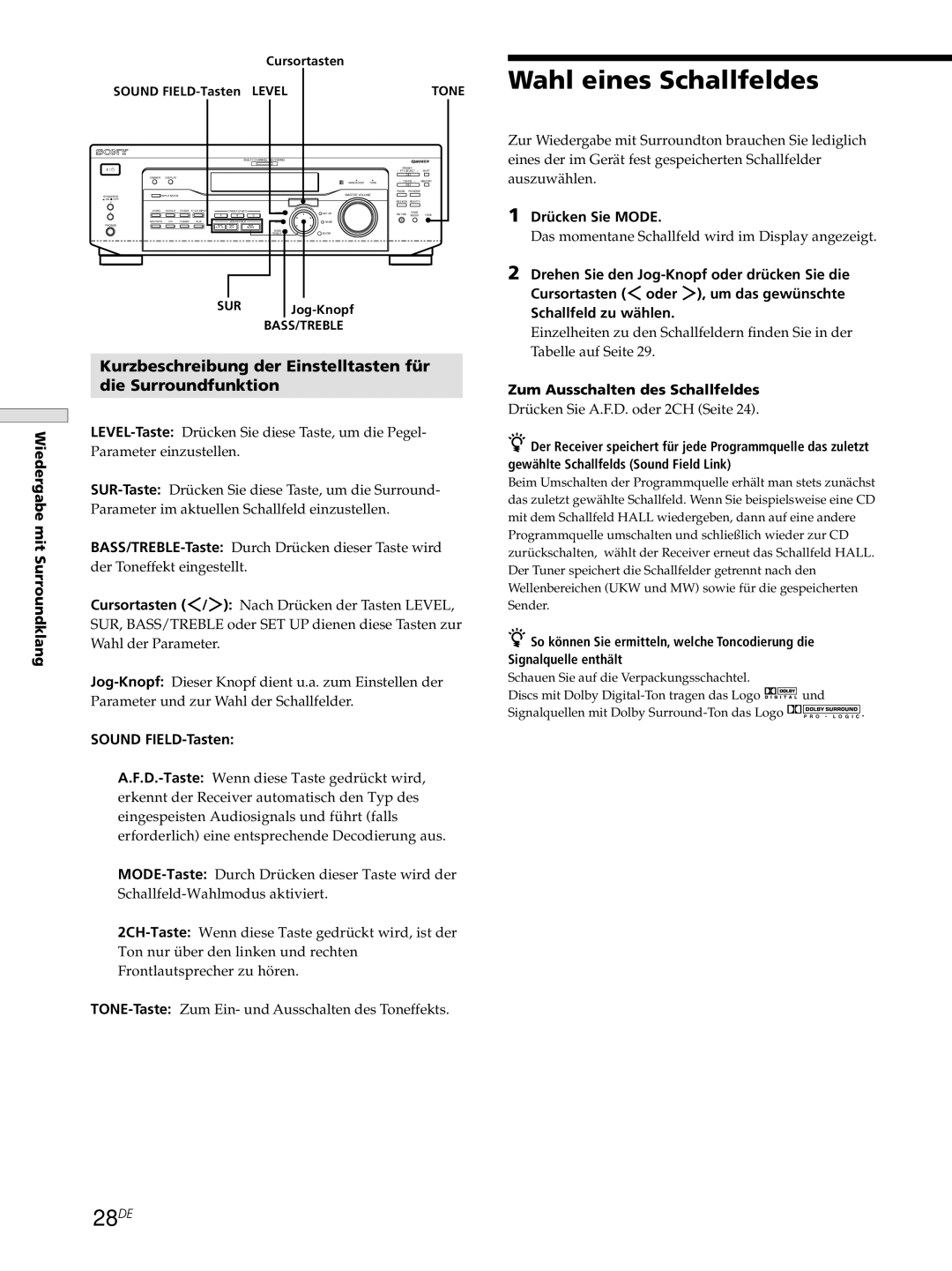 Sony STR-DE545 manual Wahl eines Schallfeldes, 28DE, Sound FIELD-Tasten, Drücken Sie Mode, Zum Ausschalten des Schallfeldes 