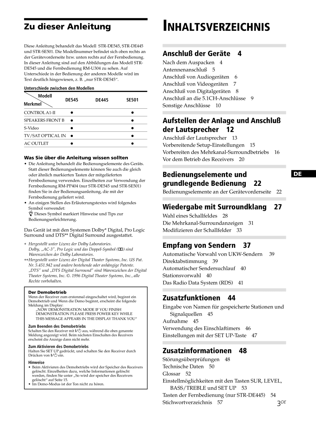 Sony STR-SE501, STR-DE545, STR-DE445 Zu dieser Anleitung, Modell DE445, Merkmel, Was Sie über die Anleitung wissen sollten 