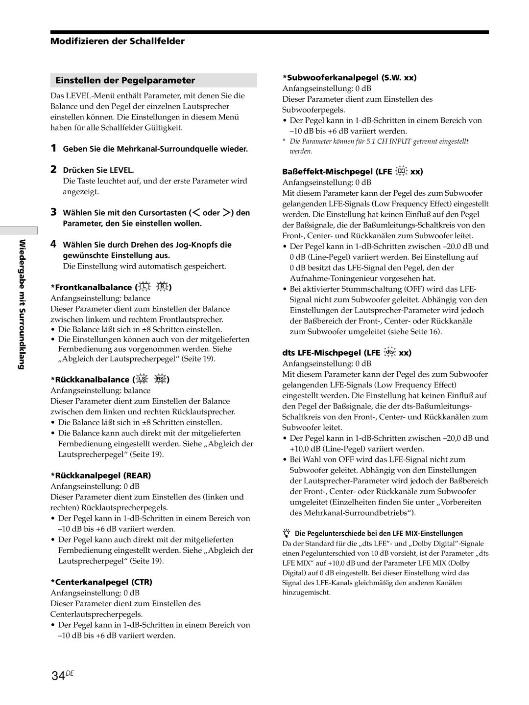 Sony STR-DE545, STR-SE501, STR-DE445 manual 34DE, Modifizieren der Schallfelder Einstellen der Pegelparameter 