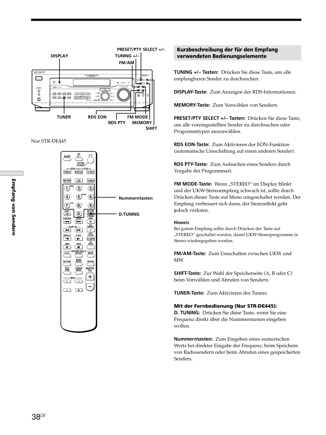 Sony STR-SE501, STR-DE545 manual 38DE, Mit der Fernbedienung Nur STR-DE445 