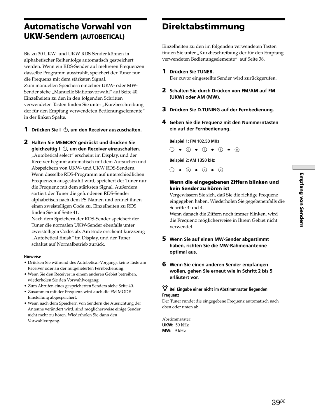 Sony STR-SE501, STR-DE545, STR-DE445 manual Automatische Vorwahl von, Direktabstimmung, 39DE, Drücken Sie Tuner 