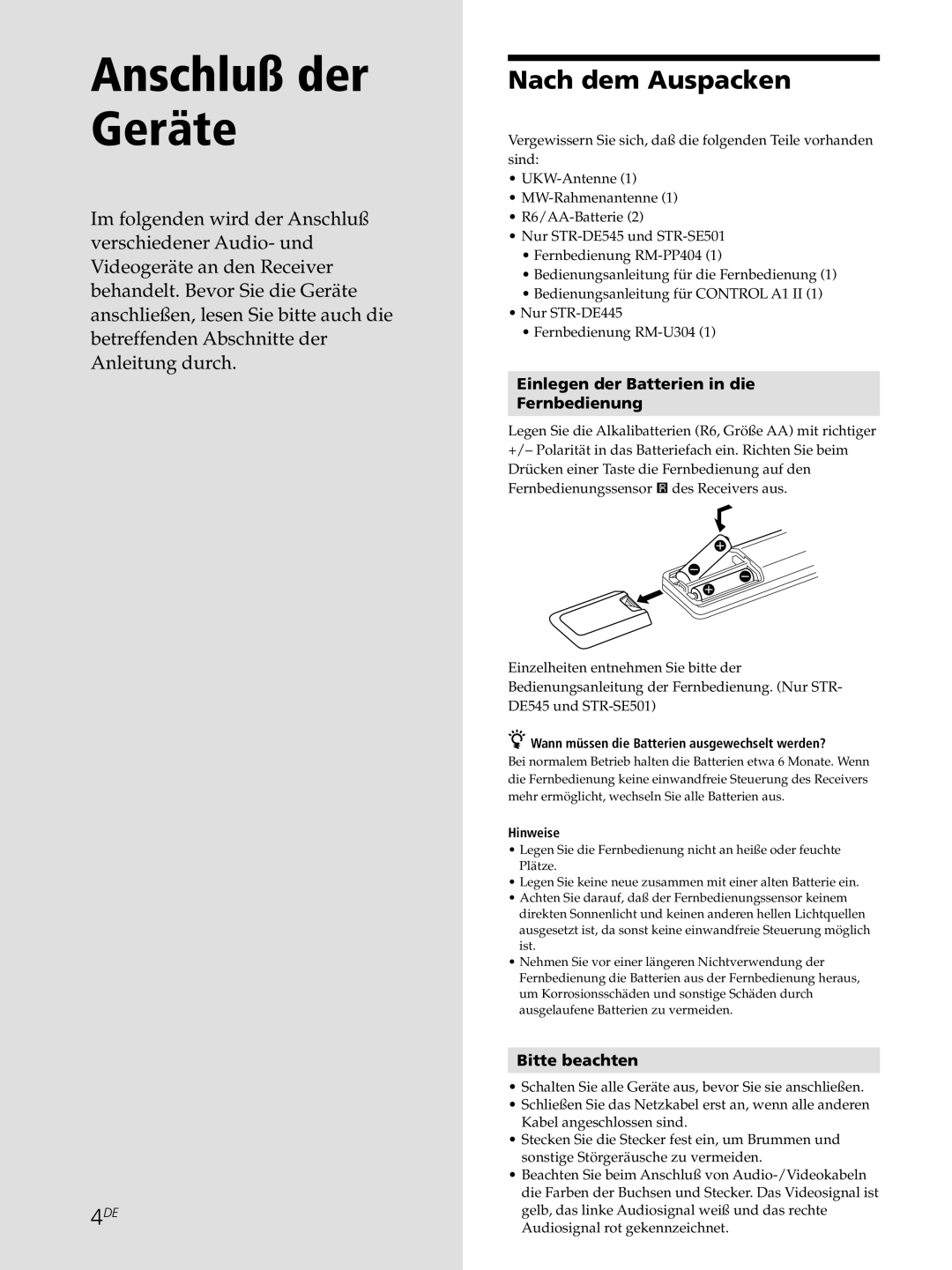 Sony STR-DE545, STR-SE501, STR-DE445 manual Nach dem Auspacken, Einlegen der Batterien in die Fernbedienung, Bitte beachten 