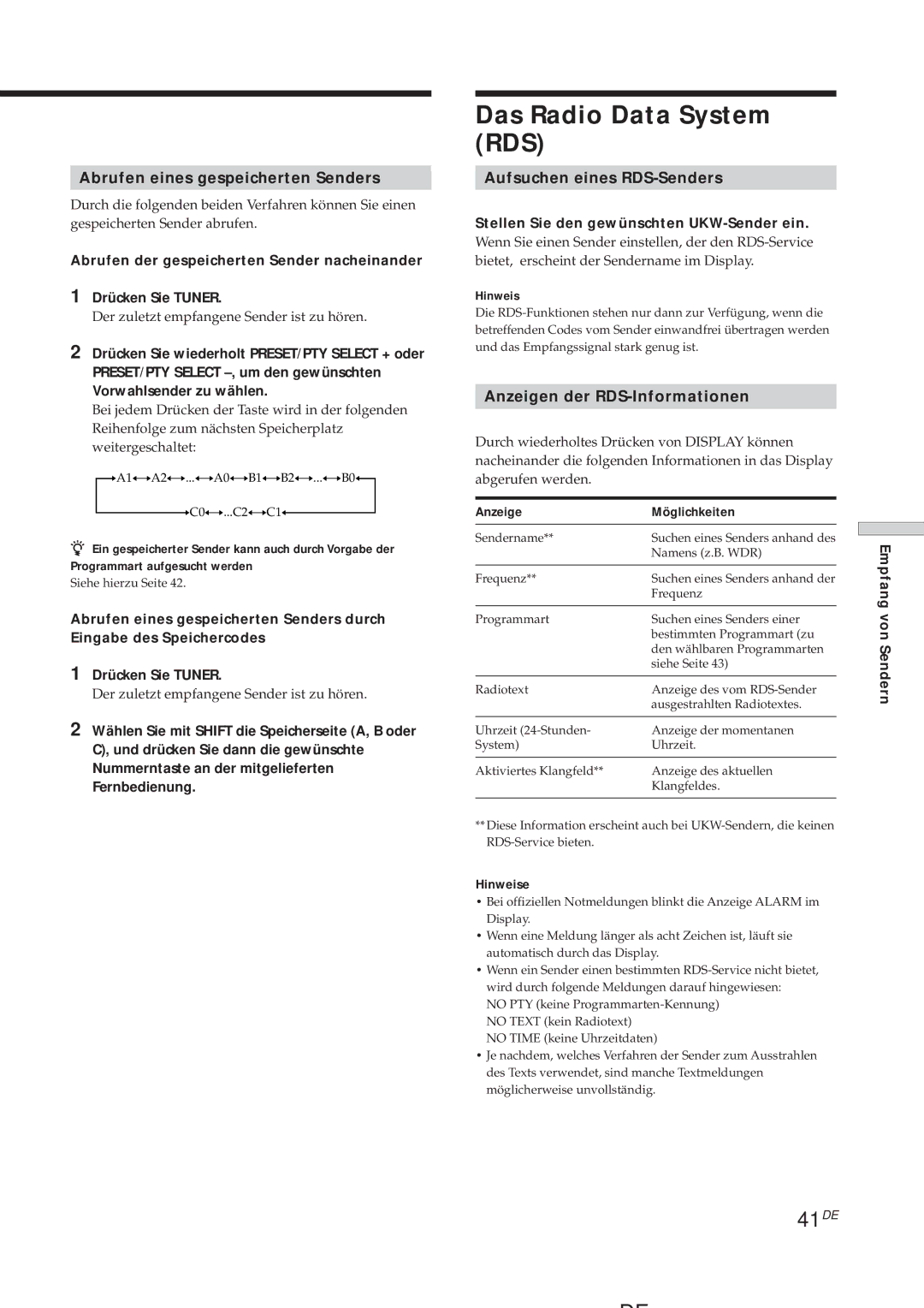 Sony STR-DE445 manual Das Radio Data System RDS, 41DE, Abrufen eines gespeicherten Senders, Aufsuchen eines RDS-Senders 