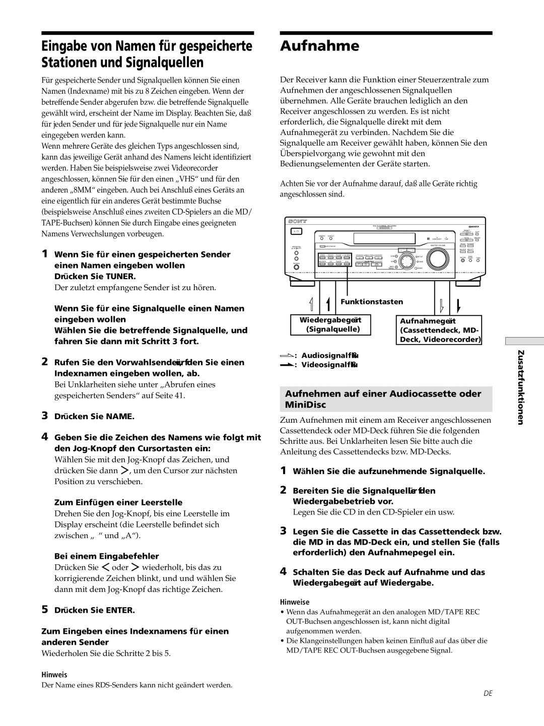 Sony STR-SE501, STR-DE545, STR-DE445 manual Aufnahme, 45DE, Aufnehmen auf einer Audiocassette oder MiniDisc, Zusatzfunktionen 