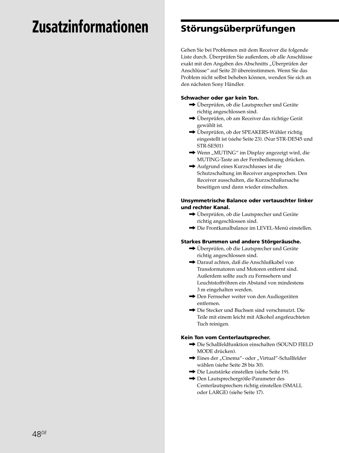 Sony STR-SE501, STR-DE545, STR-DE445 manual Zusatzinformationen Störungsüberprüfungen, 48DE, Schwacher oder gar kein Ton 