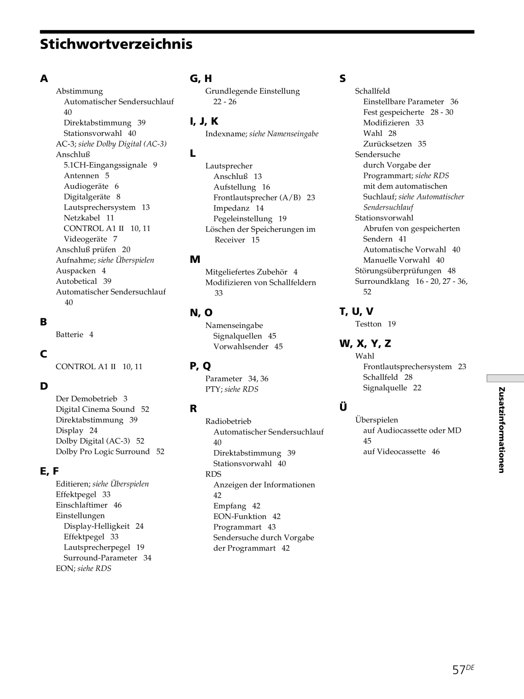 Sony STR-SE501, STR-DE545, STR-DE445 manual Stichwortverzeichnis, 57DE 