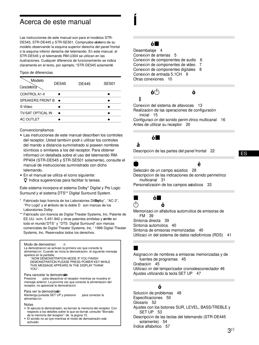 Sony STR-DE445, STR-SE501, STR-DE545 Acerca de este manual, Modelo DE445, Característica, Convencionalismos 