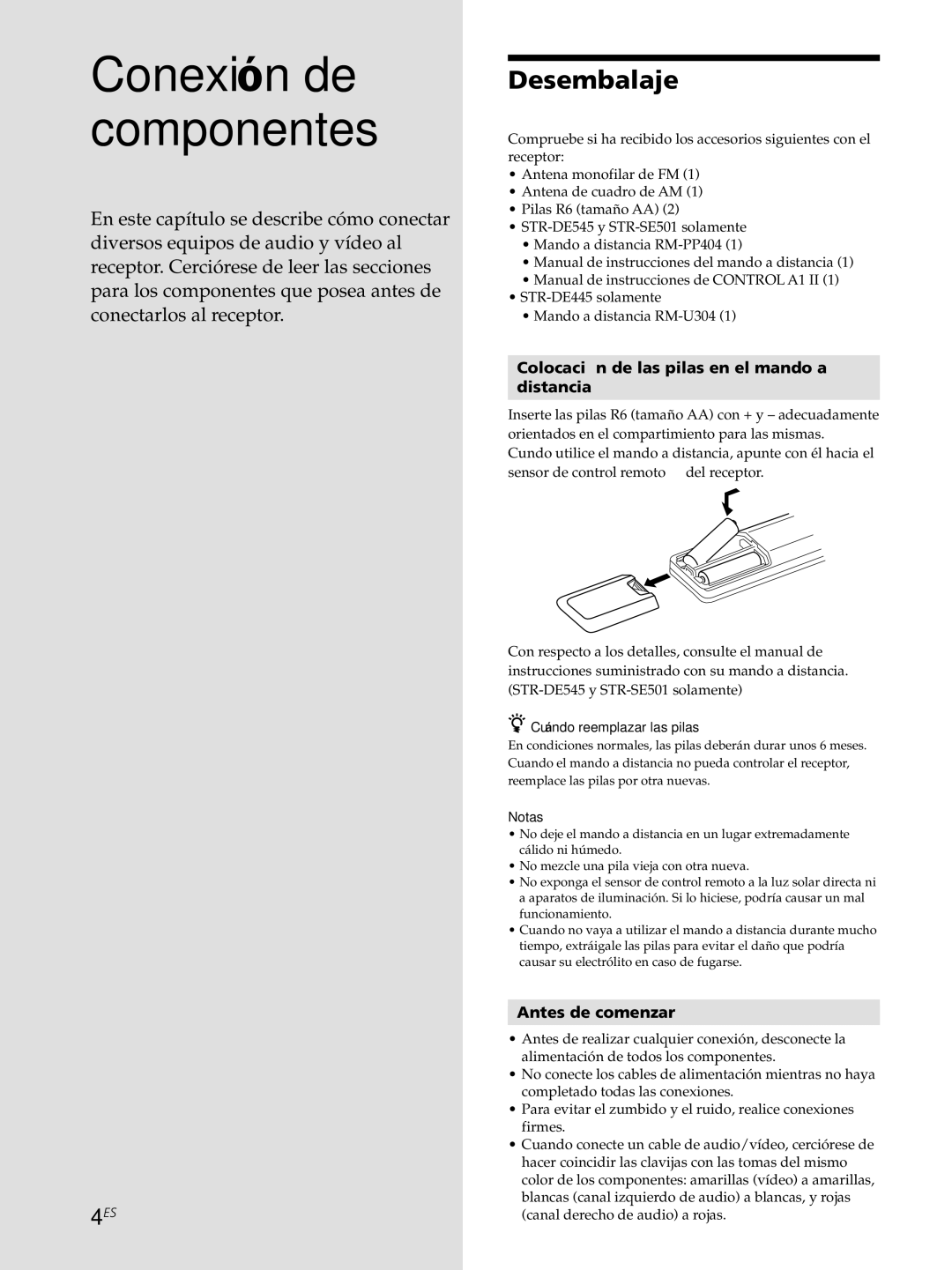 Sony STR-SE501, STR-DE545, STR-DE445 manual Desembalaje, Colocación de las pilas en el mando a Distancia, Antes de comenzar 