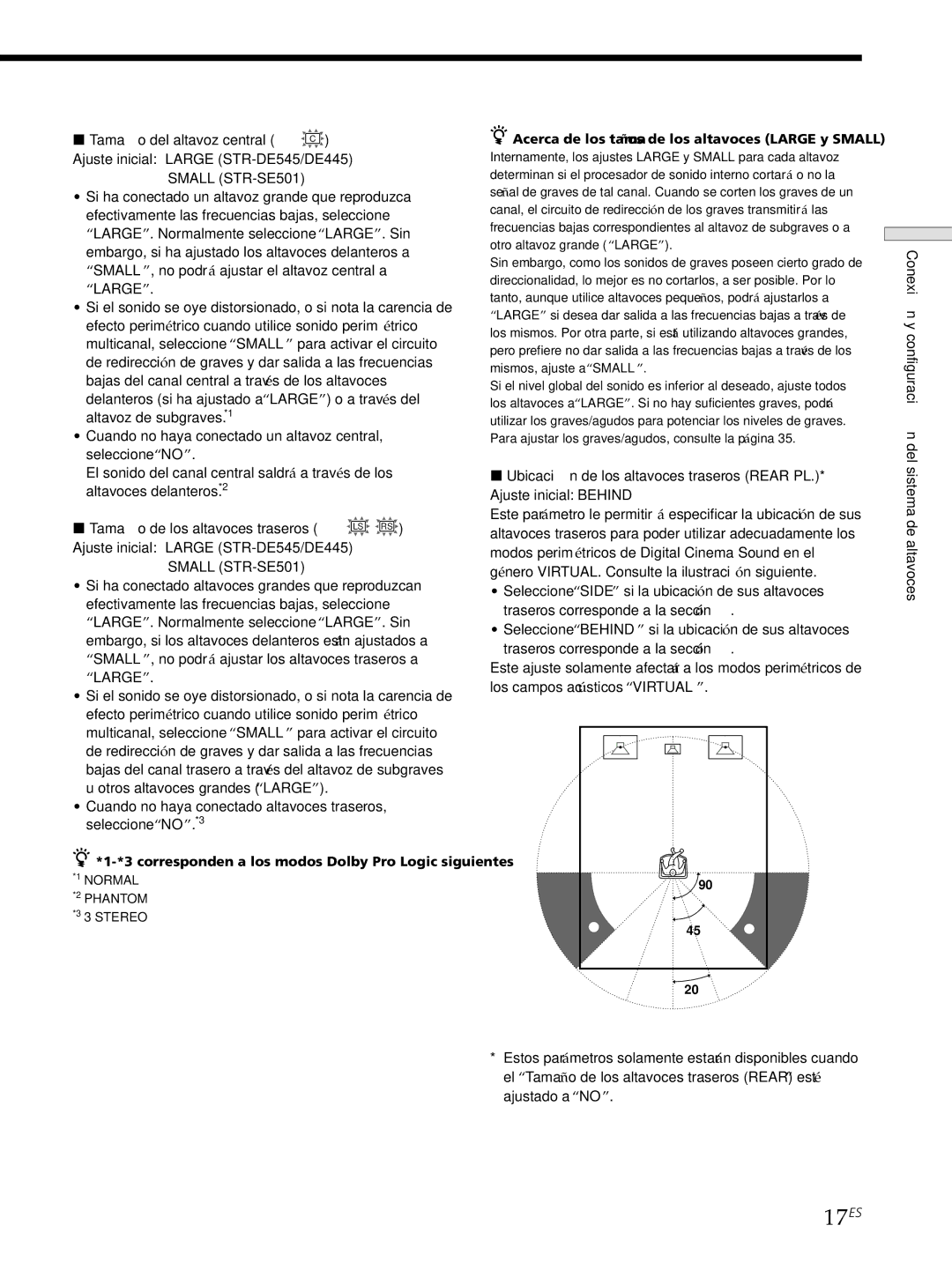 Sony STR-DE545, STR-SE501, STR-DE445 manual 17ES, Tamaño del altavoz central C, Tamaño de los altavoces traseros LS RS 