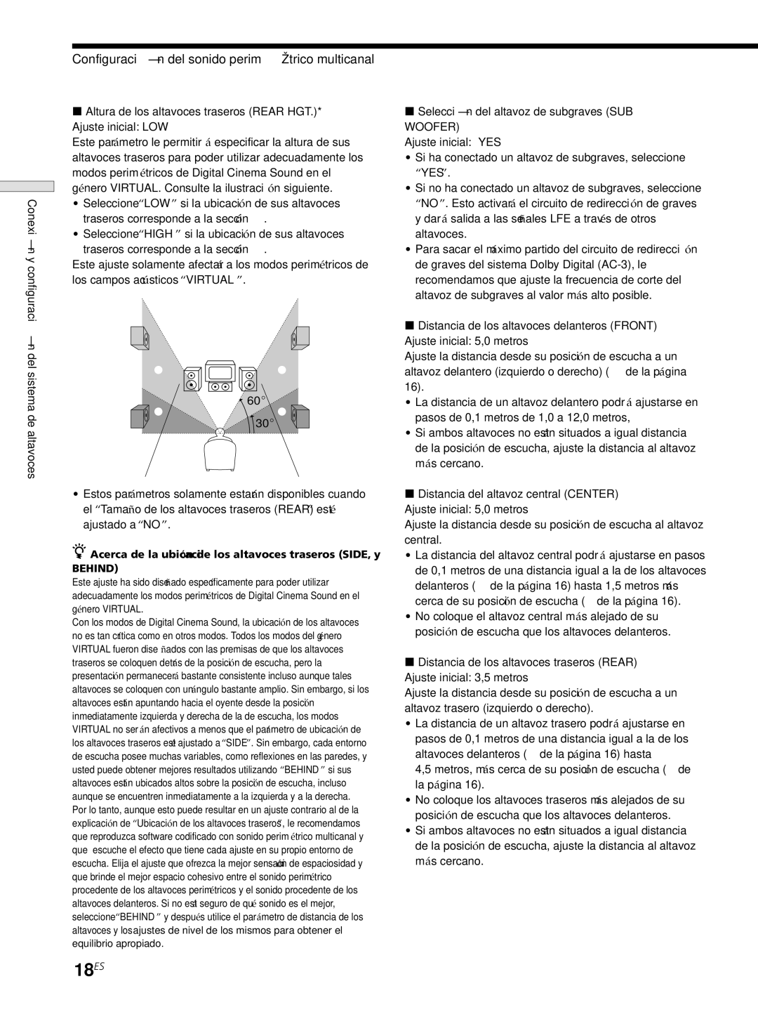 Sony STR-DE445, STR-SE501, STR-DE545 manual 18ES, Configuración del sonido perimétrico multicanal 