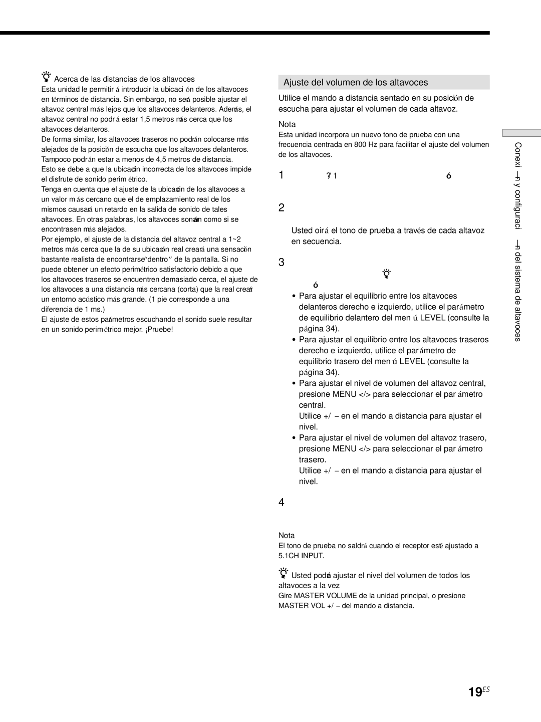 Sony STR-SE501, STR-DE545 manual 19ES, Ajuste del volumen de los altavoces, Nota, Acerca de las distancias de los altavoces 