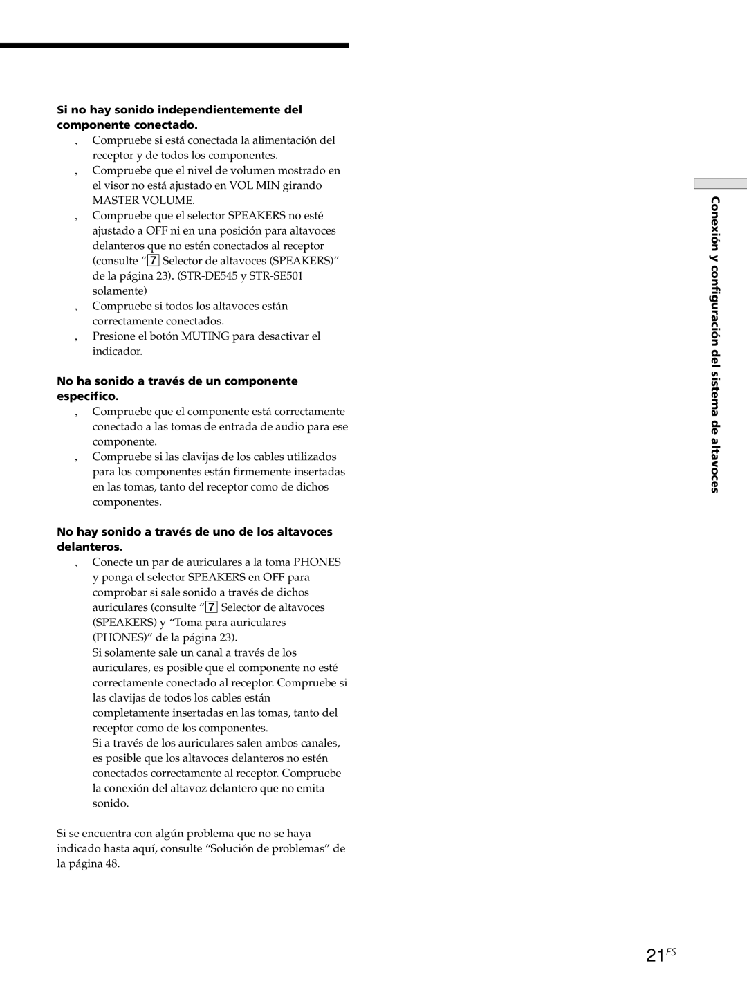 Sony STR-DE445, STR-SE501, STR-DE545 manual 21ES, No ha sonido a través de un componente específico 