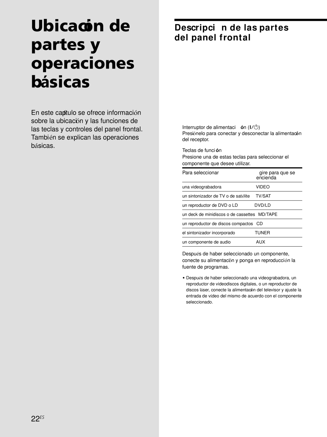 Sony STR-SE501 manual Descripción de las partes del panel frontal, 22ES, Interruptor de alimentación ?/1, Teclas de función 