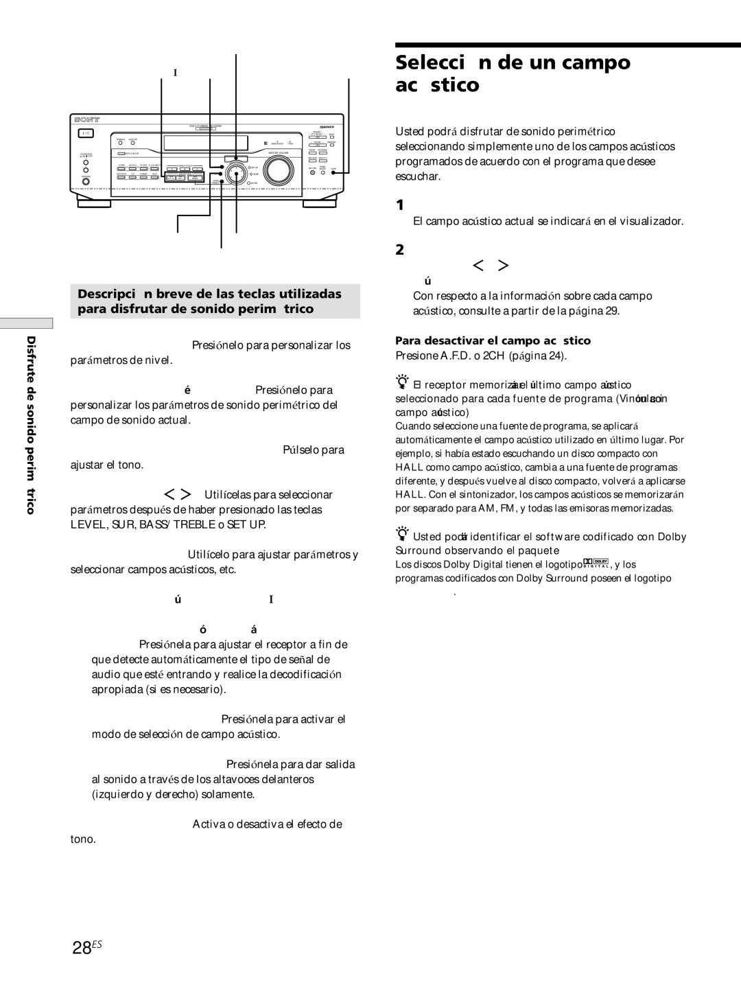 Sony STR-SE501, STR-DE545, STR-DE445 Selección de un campo acústico, 28ES, Presione Mode, Para desactivar el campo acústico 