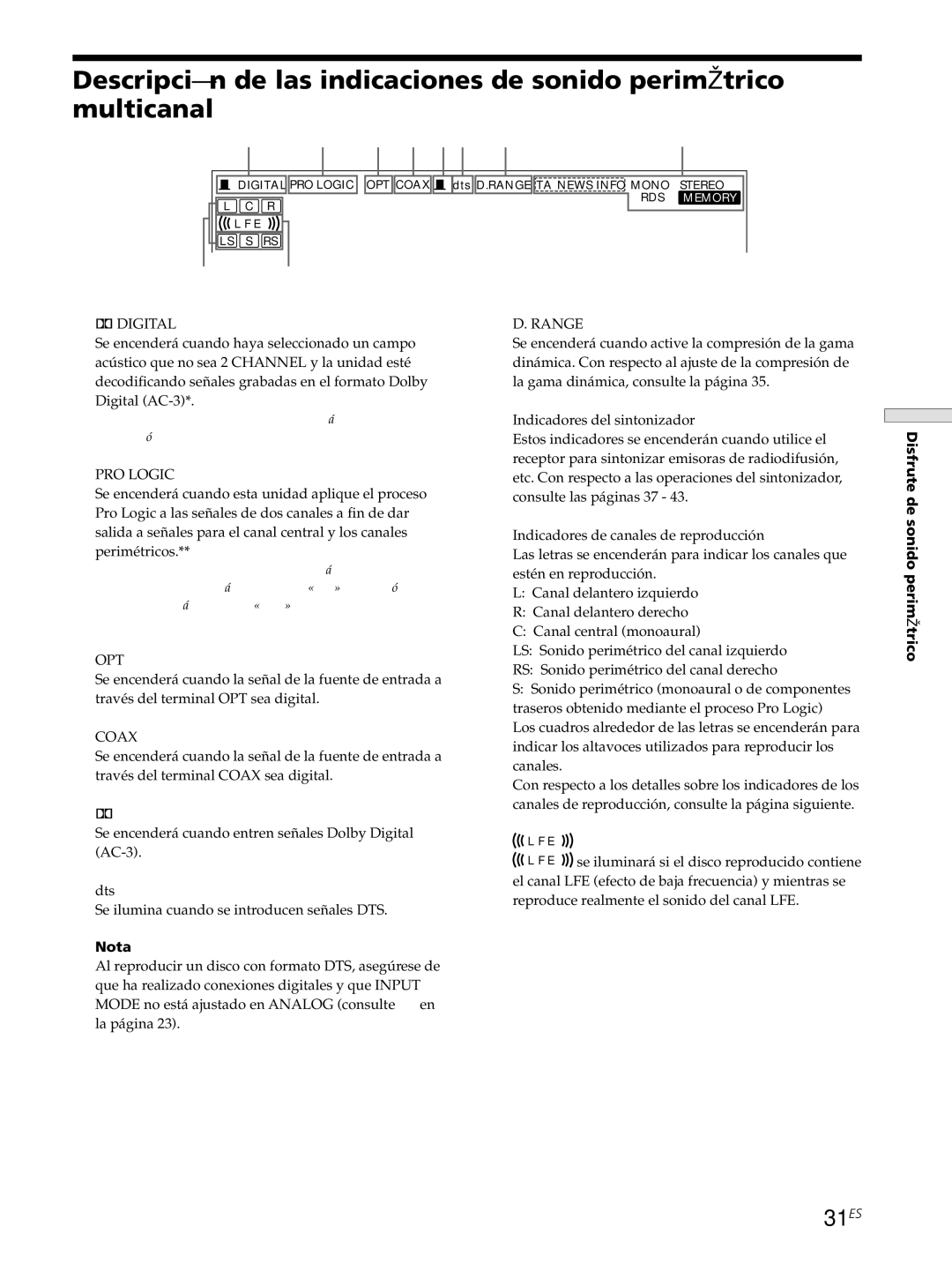 Sony STR-SE501, STR-DE545, STR-DE445 manual 31ES, Se iluminará si el disco reproducido contiene 