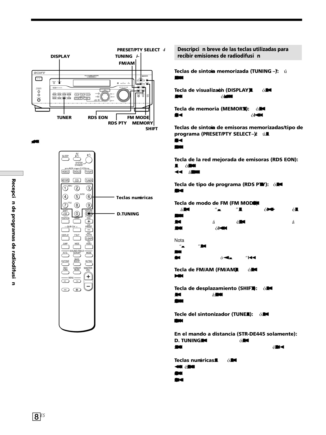 Sony STR-DE545 manual 38ES, Teclas de sintonía memorizada Tuning +/- Púlselo, Tecla de la red mejorada de emisoras RDS EON 