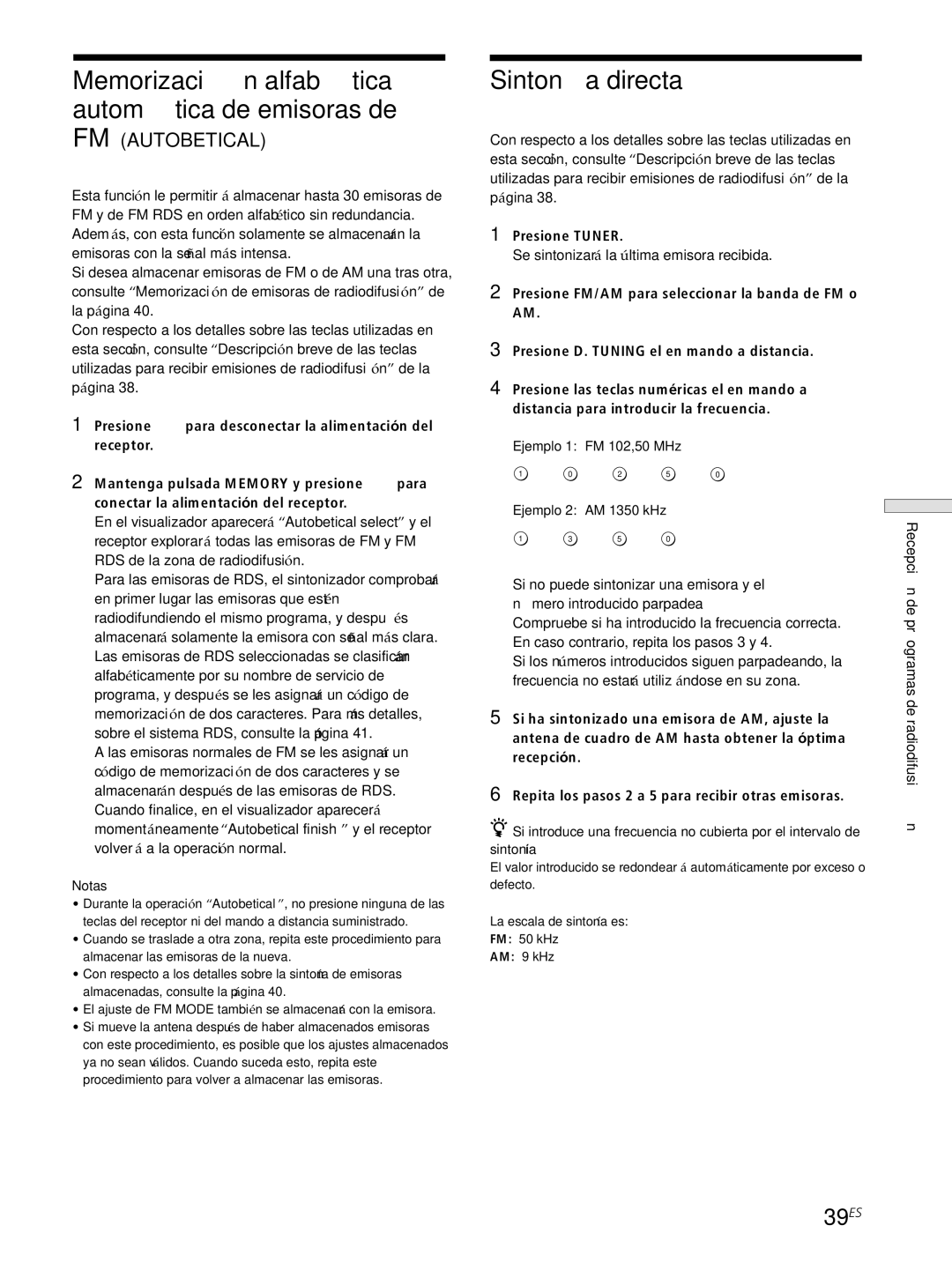 Sony STR-DE445, STR-SE501 manual Memorización alfabética automática de emisoras de, Sintonía directa, 39ES, Presione Tuner 