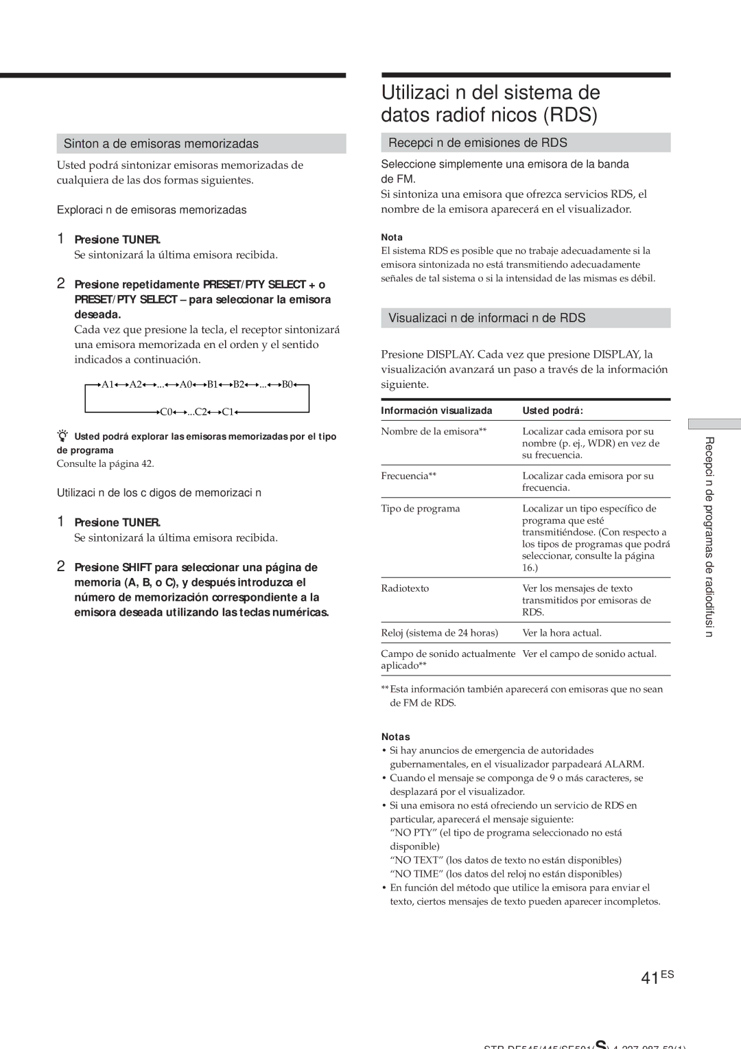 Sony STR-DE545, STR-SE501 manual Utilización del sistema de datos radiofónicos RDS, 41ES, Sintonía de emisoras memorizadas 