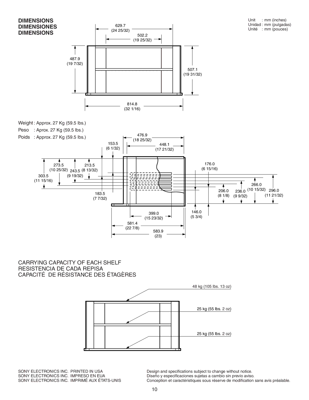 Sony SU-27F2 manual Dimensions Dimensiones Dimensions 