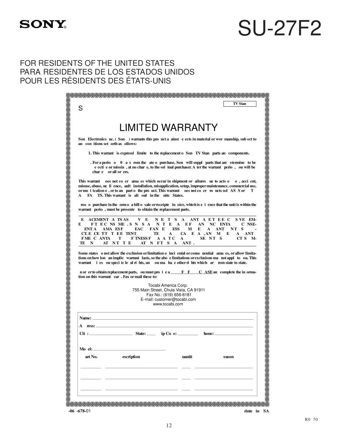 Sony SU-27F2 manual Limited Warranty 